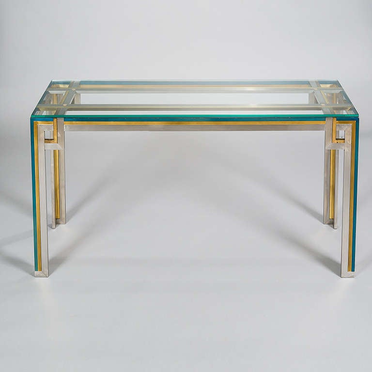 Italian Console Table with Green Lacquered Details and Glass Top