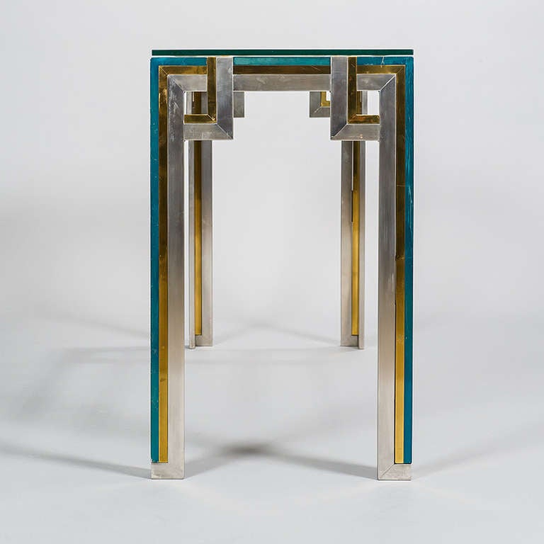 Console Table with Green Lacquered Details and Glass Top In Good Condition In London, GB