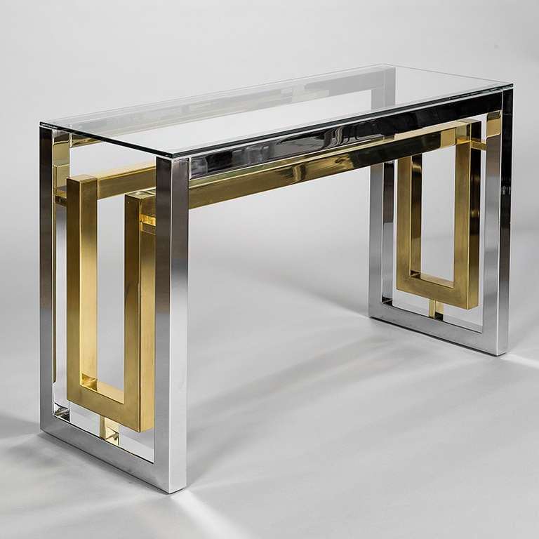 Pair of Chrome and Brass Plated Steel Console Tables with Clear Glass Tops at 1stDibs