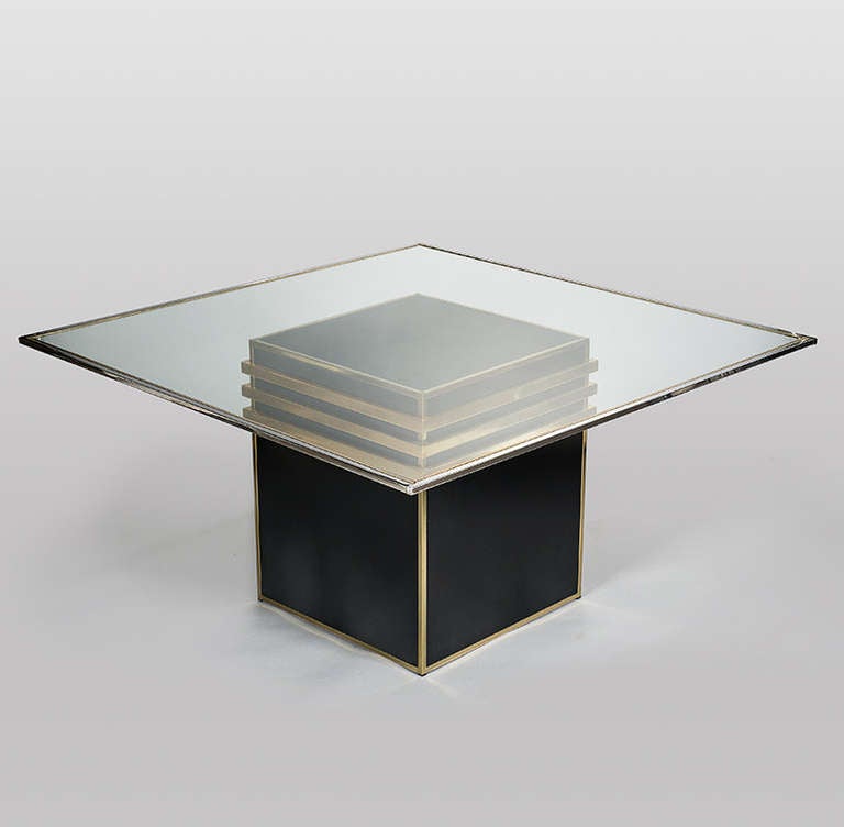 Zevi Glass Topped Dining Table in Chrome & Brass with a Black Lacquered Base. Italy,c1970`s