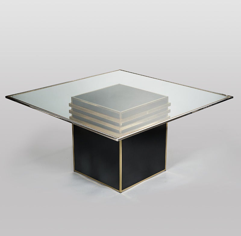 Glass Topped Dining Table in Chrome & Brass with a Black Lacquered Base