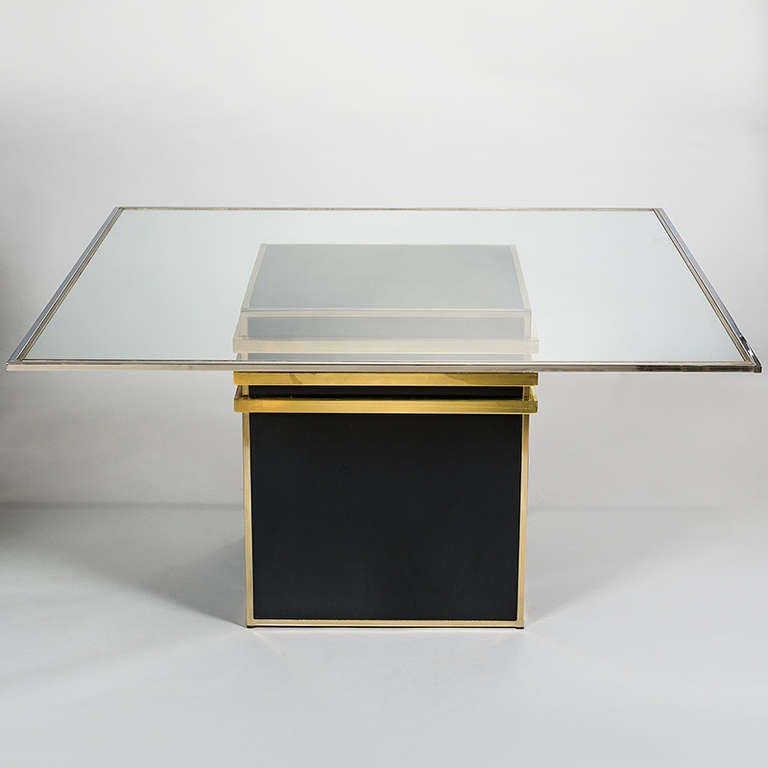Italian Glass Topped Dining Table in Chrome & Brass with a Black Lacquered Base