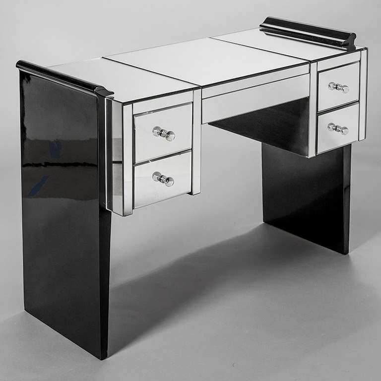 Mirrored Dressing Table with black lacquer supports, and a hidden compartment under lift up centre section, France,1950's
