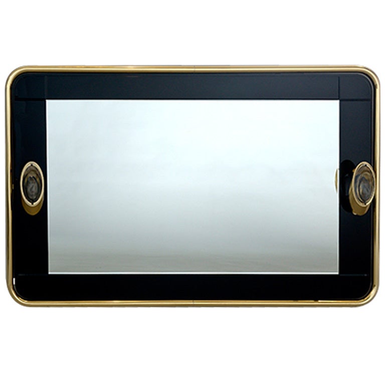 1970s Style Brass and Black Glass Illuminated Mirror