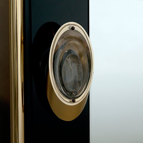 Modern 1970s Style Brass and Black Glass Illuminated Mirror For Sale