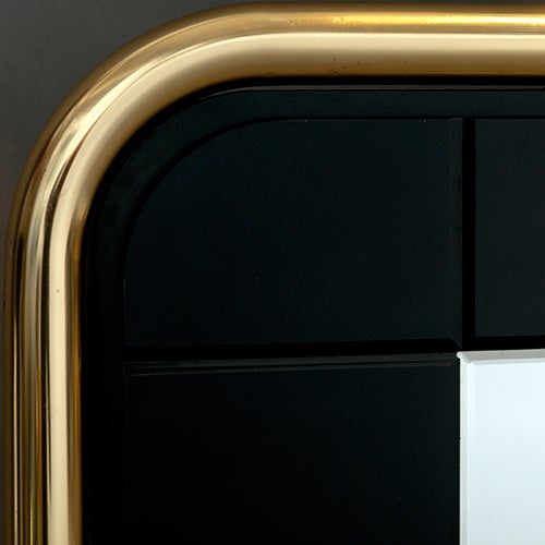 Italian 1970s Style Brass and Black Glass Illuminated Mirror For Sale