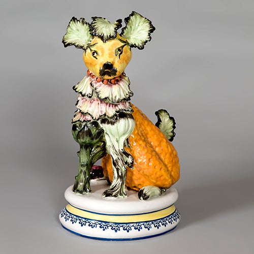 Ceramic dog comprised almost entirely of ceramic vegetables, inspired by Giuseppe Arcimboldo, Italy, c1970s
