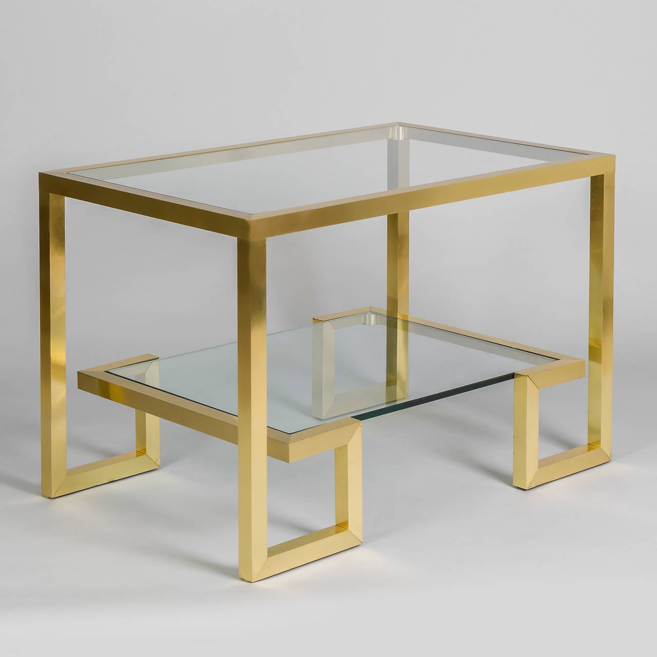 Mid-Century Modern Pair of French 1970s Brass Console Tables with Glass Top and Shelf