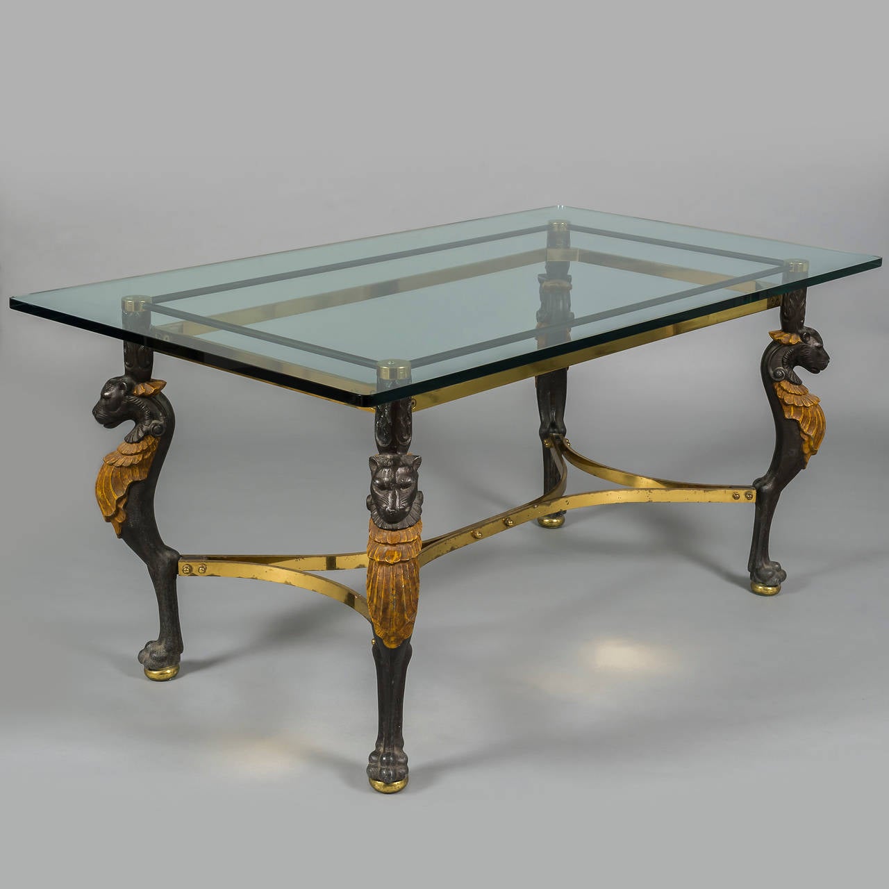 Beveled Pair of French 1960s Glass Topped Tables with Lion Motif Legs For Sale