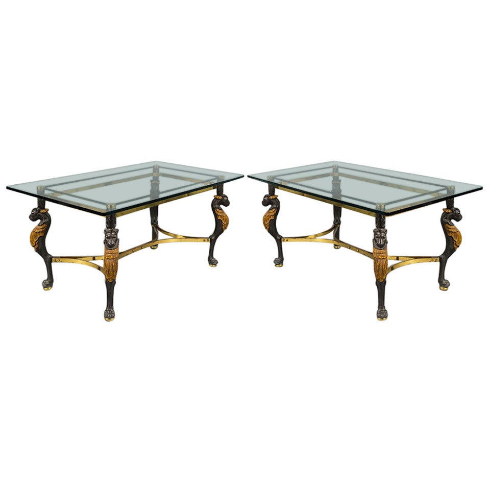 Pair of French 1960s Glass Topped Tables with Lion Motif Legs For Sale