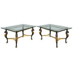 Pair of French 1960s Glass Topped Tables with Lion Motif Legs