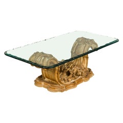 1940s Italian Ornately Carved Wood Coffee Table with Glass Top