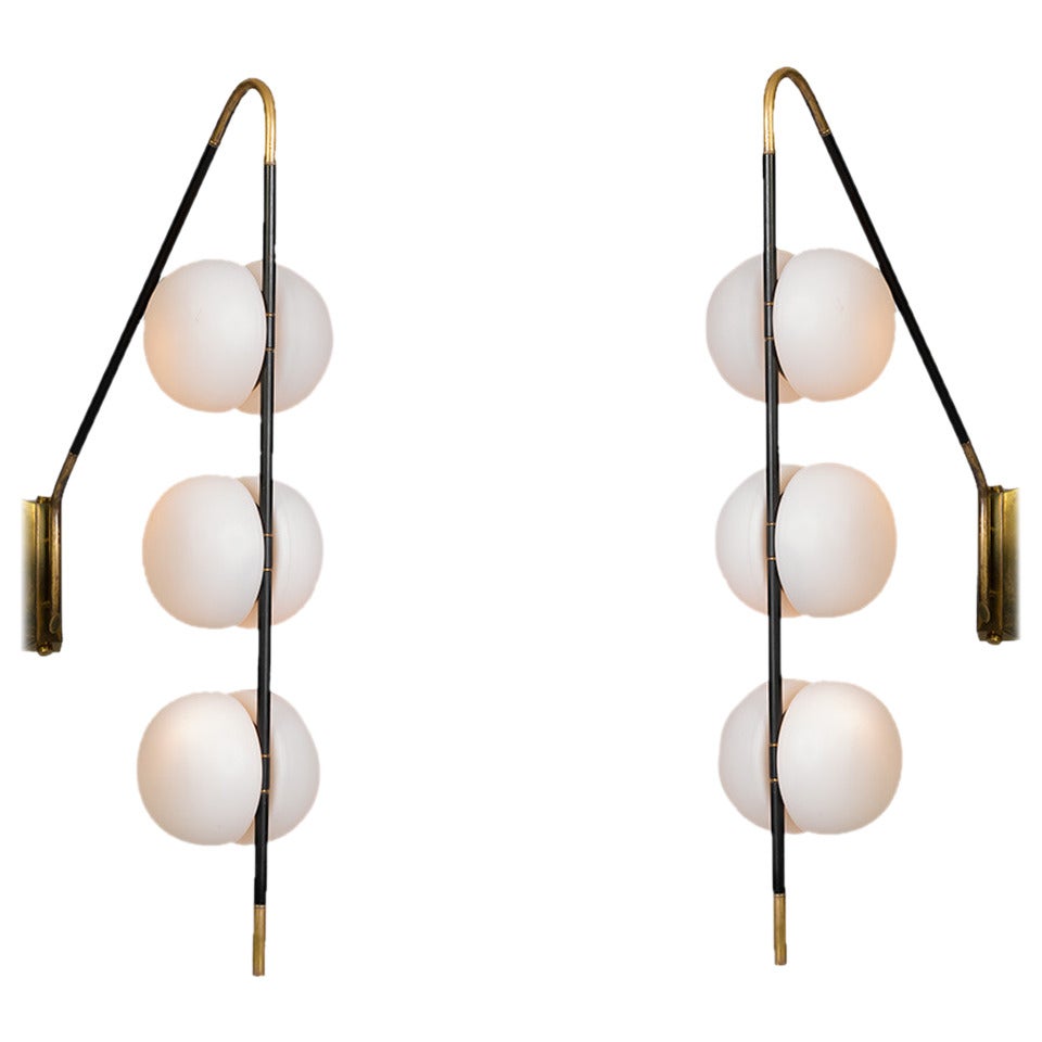 Pair of Lunel Wall Lights in Brass with Black Metal Sleeves, French, circa 1950