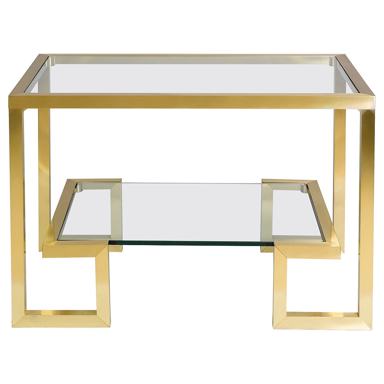 Pair of French 1970s Brass Console Tables with Glass Top and Shelf