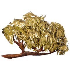 Large and Dramatic 1970s Illuminated Brass and Copper Tree Wall Sculpture
