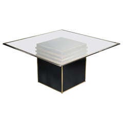 Glass Topped Dining Table in Chrome & Brass with a Black Lacquered Base