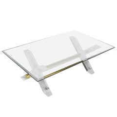 1970s Glass Topped Coffee Table with Perspex Legs and Brass Details 11