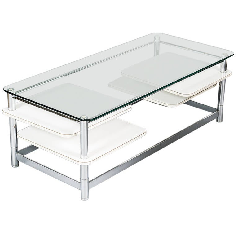 Rectangular 1970s Chrome Glass Topped Coffee Table with Swivel Out