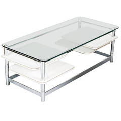 Rectangular 1970s Chrome Glass Topped Coffee Table with Swivel Out Shelves