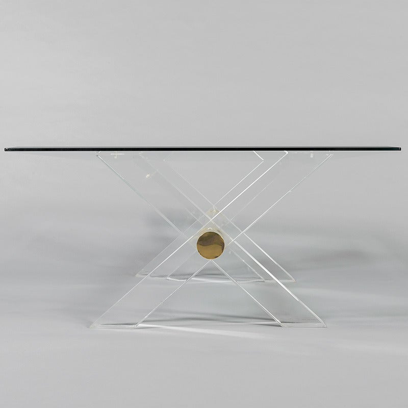 Mid-Century Modern 1970s Glass Topped Coffee Table with Perspex Legs and Brass Details