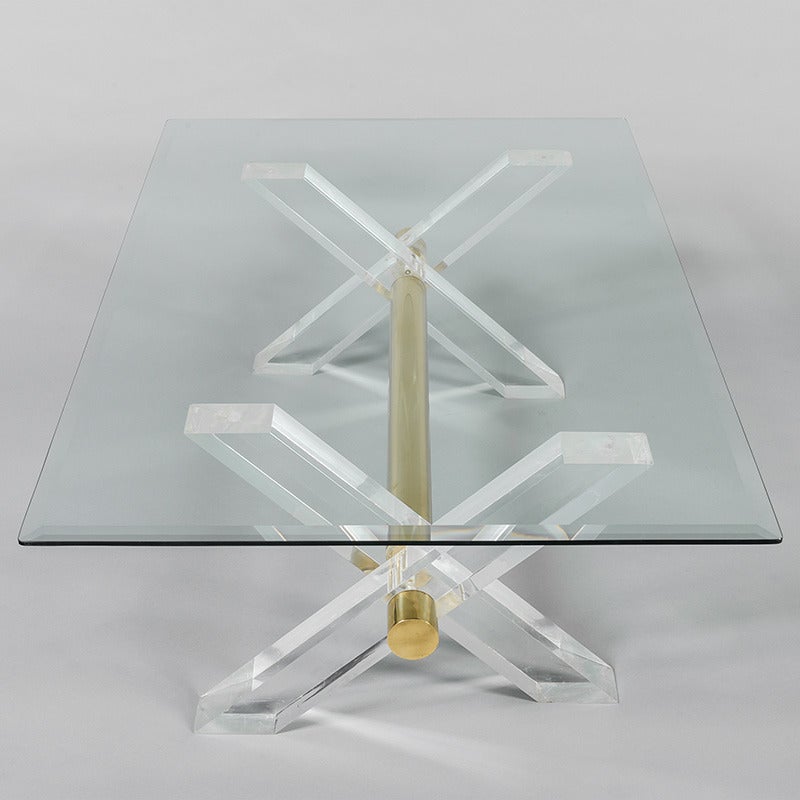 French 1970s Glass Topped Coffee Table with Perspex Legs and Brass Details