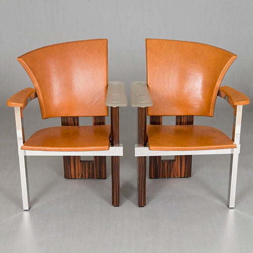 French Pair of Chrome, Leather, Glass and Zebrawood Chairs