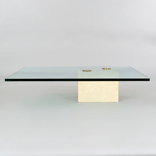 Marble Coffee Table with Heavy Glass Top and Brass Screws attributed to Saporiti, Italy, 1970s <br />
<br />
This is an extremely solid and heavy base with a very chunky, almost 20 mm (3/4 inch) thick glass top fastened by two sizeable brass
