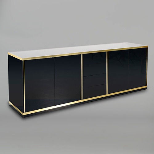 Large four door black lacquered sideboard with central column of four drawers, France, 1970s