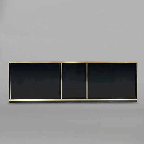 French Large Four Door Black Lacquered Sideboard, France, 1970s