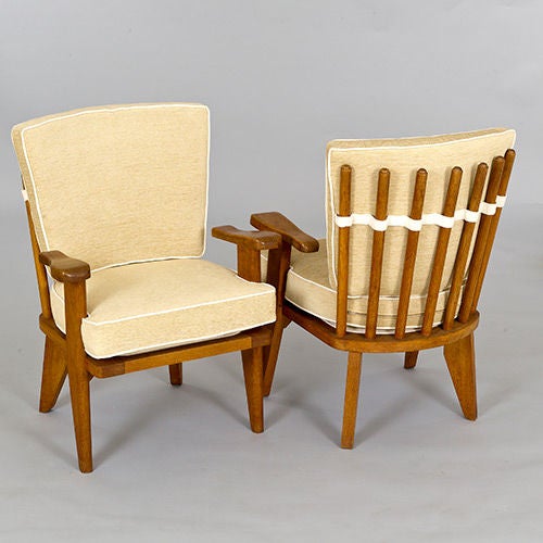 Mid-20th Century Pair of Guillerme et Chambron Oak Armchairs with Rod Backs