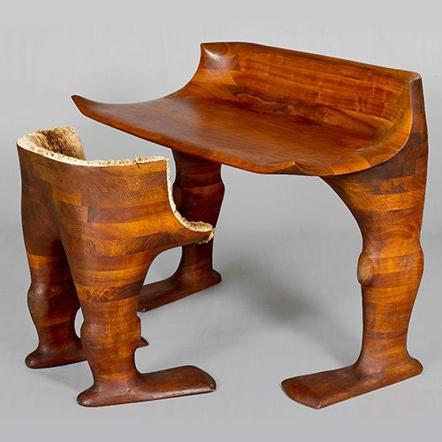 Eccentric, handcrafted anthropomorphic desk and chair.

We have attributed this fantastic piece to sculptor David Warner. The attribution has been provided by the great designer and sculptor Wendell Castle. We are trying to find out more