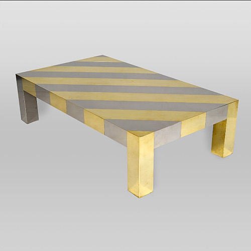 Unusual diagonal striped chrome and brass centre table, Italy, 1970s.