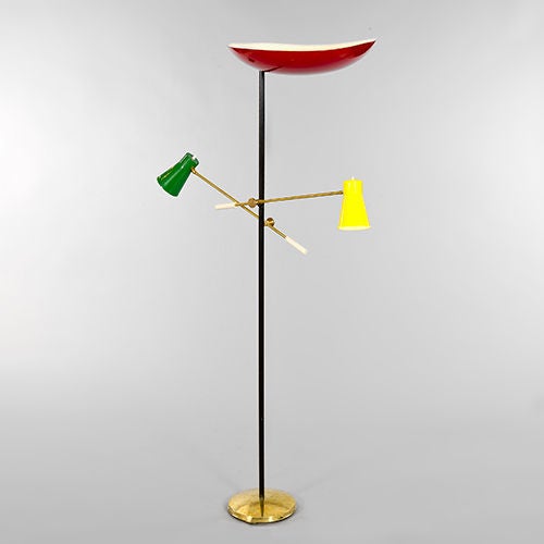 Stilnovo-style Standing Lamp, Italy, 1950s<br />
<br />
Brass and metal standing lamp with red uplighter and two adjustable shades in green and yellow. Note that dimensions are variable.