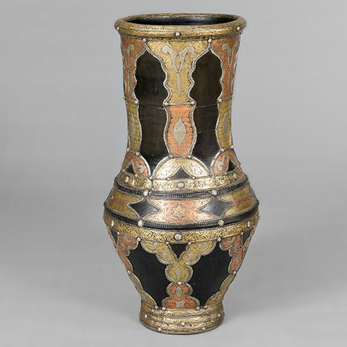 Brown pottery vase with brass and copper inlay by Moroccan artist Amali, contemporary