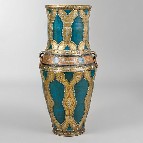 Large blue pottery vase with brass and copper Inlay by Moroccan artist Amali, contemporary.

Please note that the price quoted is per vase.