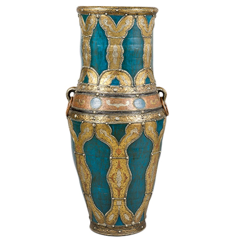 Large Blue Pottery Vase with Brass and Copper Inlay For Sale