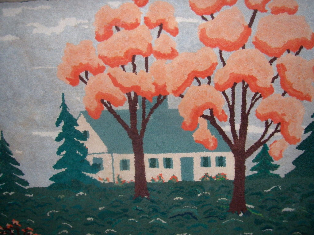 Large Framed House and Trees Hooked Rug