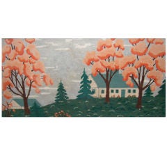 Large Framed House and Trees Hooked Rug