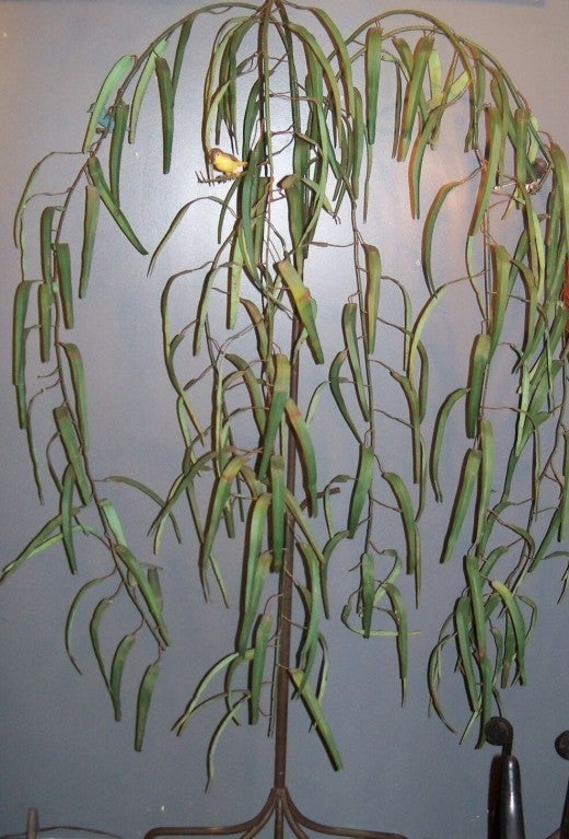whimsical and sturdy weeping willow tree from a private collection.  Tree has 3 iron and painted birds perched in tree and retains its original paint