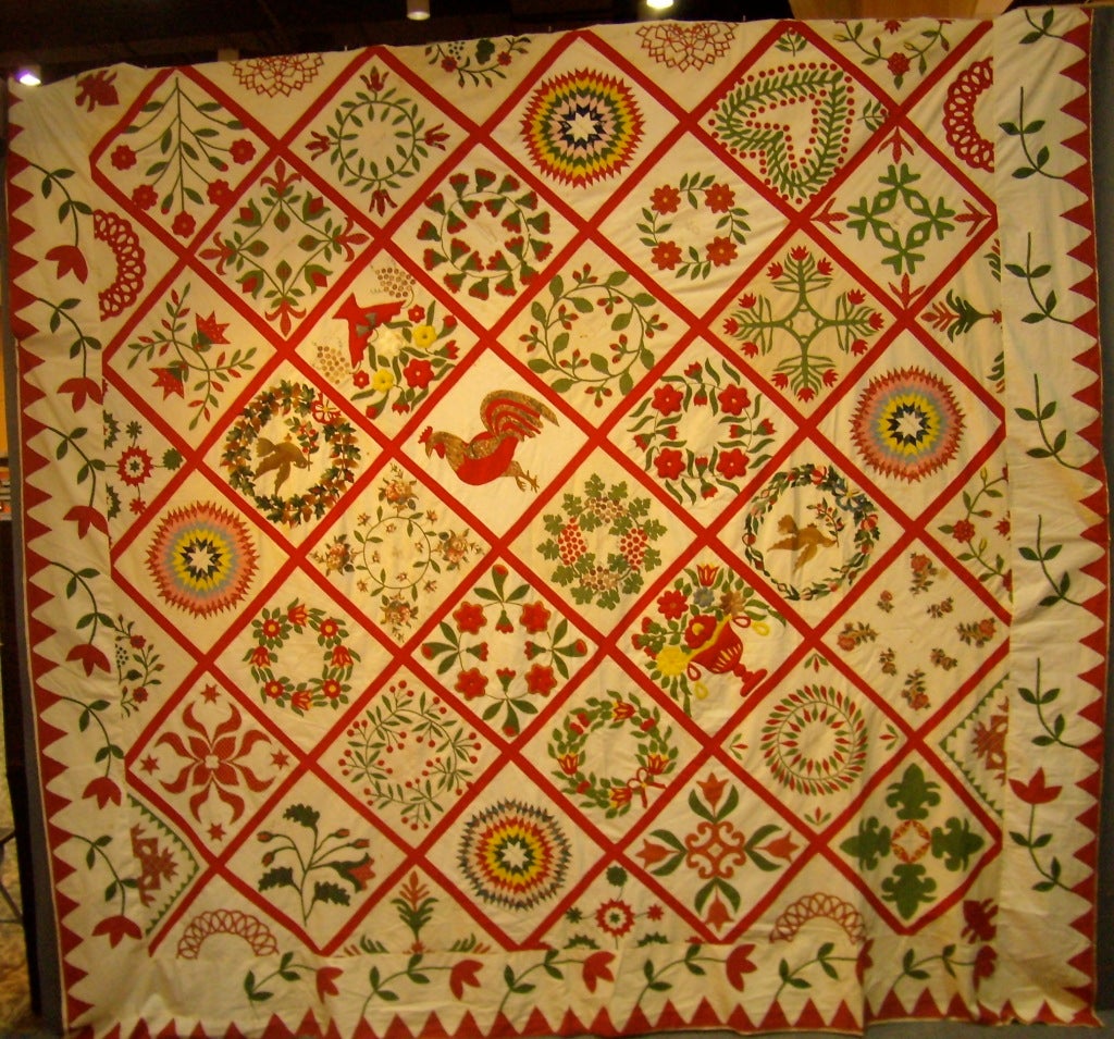 Rare Baltimore Album Summer Quilt descended in the family to us. This unique example has many extraordinary squares depicting the best of the quilters art. Several squares show the hand of Mary Evans the most notable of the 19th c quilters.