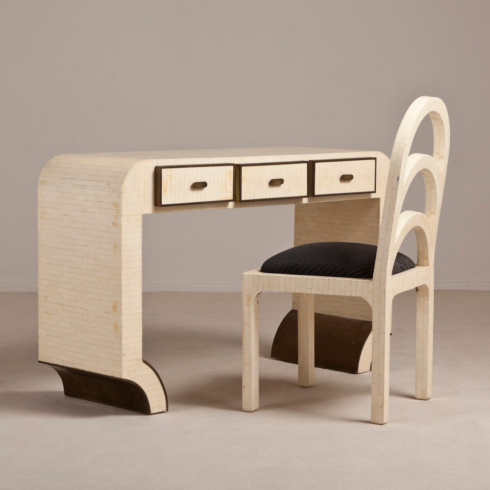 A Tessellated Bone Veneered Three Drawer Desk/Vanity Table