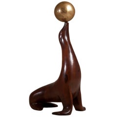 Vintage A Carved Walnut Performing Circus Sealion Sculpture 1970s
