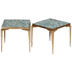 A Pair of Turquoise Tiled and Brass Framed Side Tables 1960s