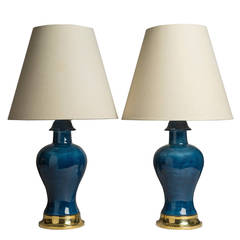 An Impressively Large Pair of Blue Ceramic Table Lamps 1950s An Impressively Large Pair of Blue Ceramic Table Lamps 1950s