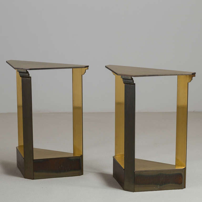 A Pair of Triangular Polished Brass and Bronze Framed Console Tables by John Saladino from his Facade Collection for Baker Furniture 1984