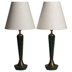 A Pair of Green Cerused Wooden Table Lamps 1960s