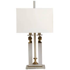 Single Lucite and Brass Neoclassical Style Table Lamp 1970s