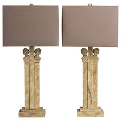 A Pair of Neoclassical Inspired Simulated Stone Wooden Table Lamps 1970s A Pair of Neoclassical Inspired Simulated Stone Wooden Table Lamps 1970s