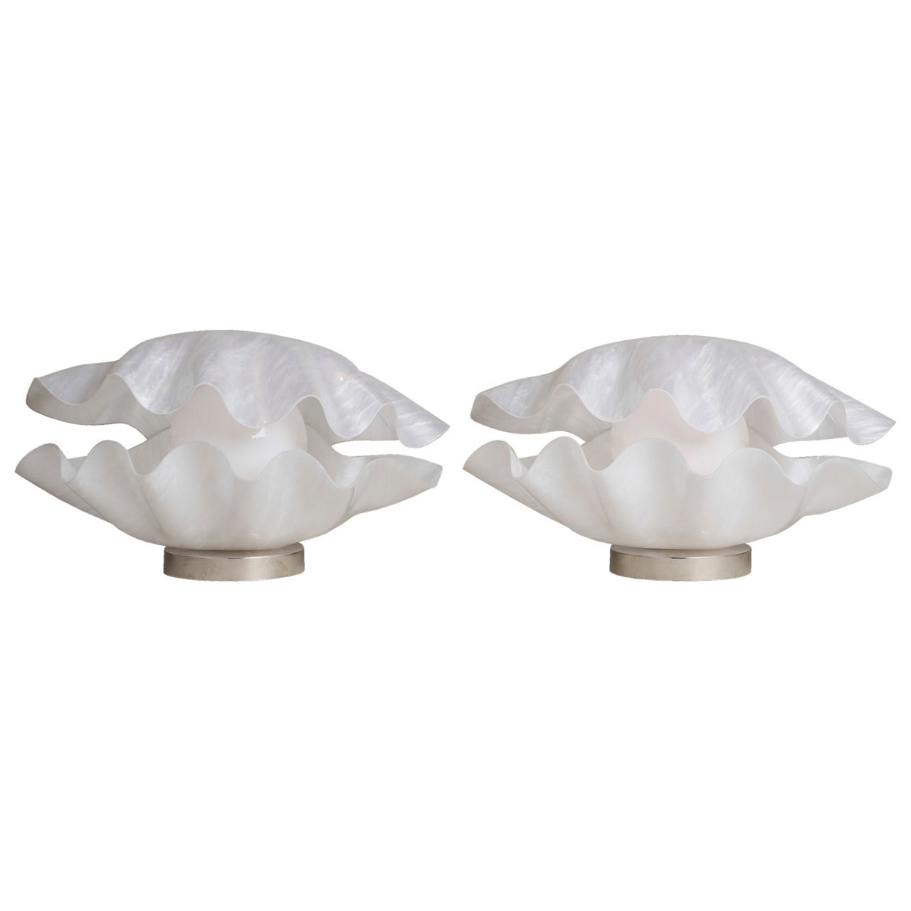 A Pair of Pearlescent Acrylic Rougier Shell Lamps 1970s