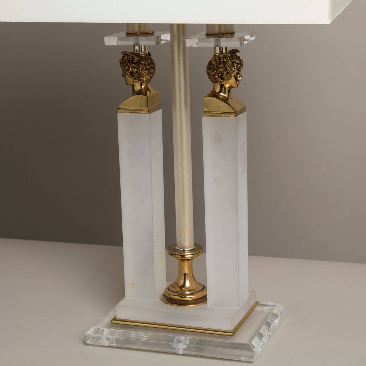 Frosted Single Lucite and Brass Neoclassical Style Table Lamp 1970s For Sale